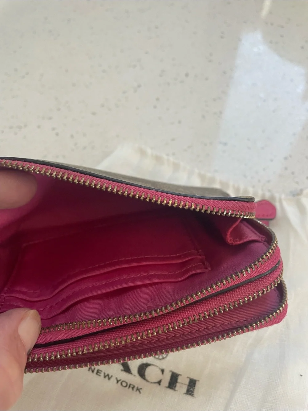 Coach Brown Signature Canvas Double Zip Wristlet with Pink Trim